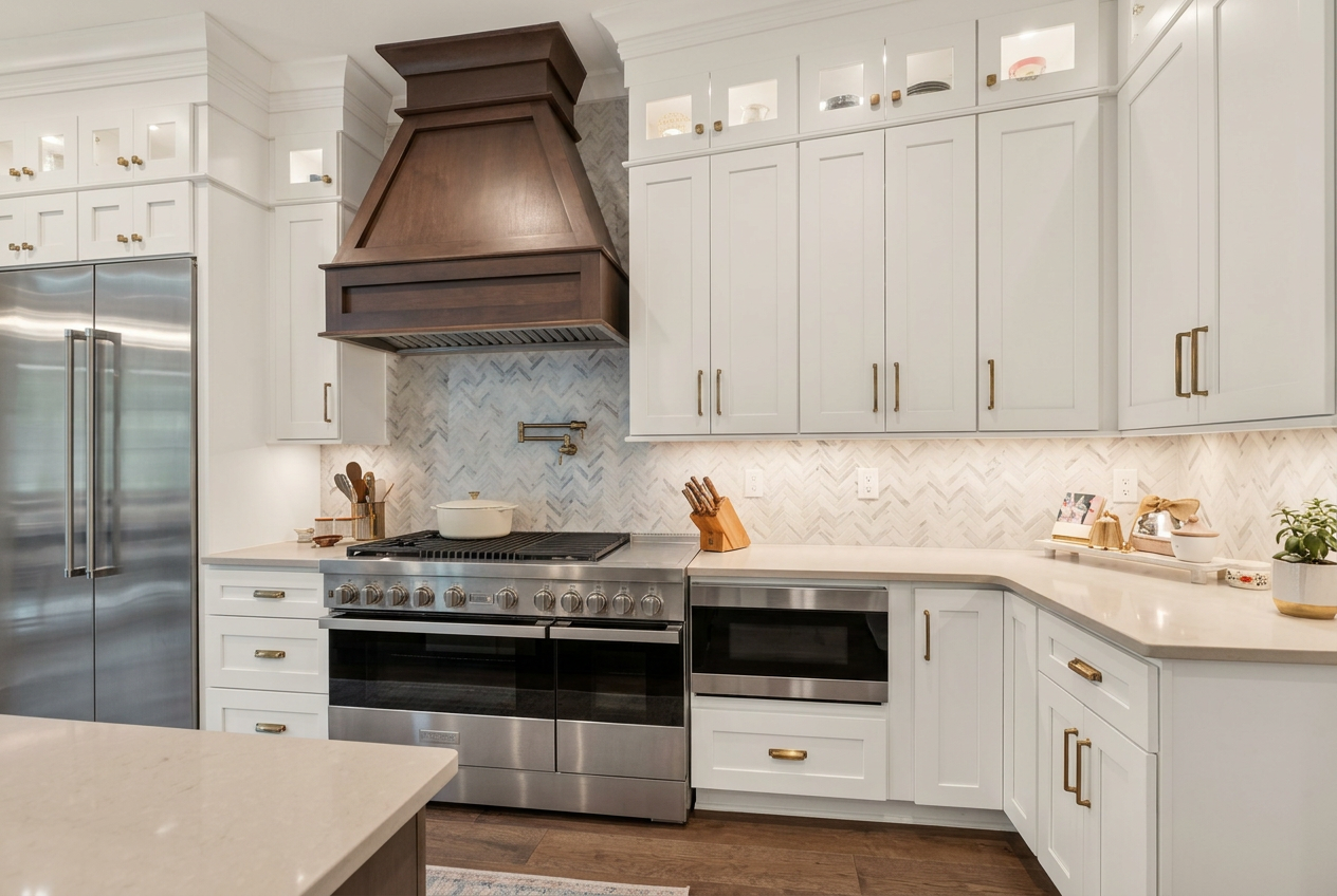 Custom white kitchen with dark wood range hood, marble island and gold hardware